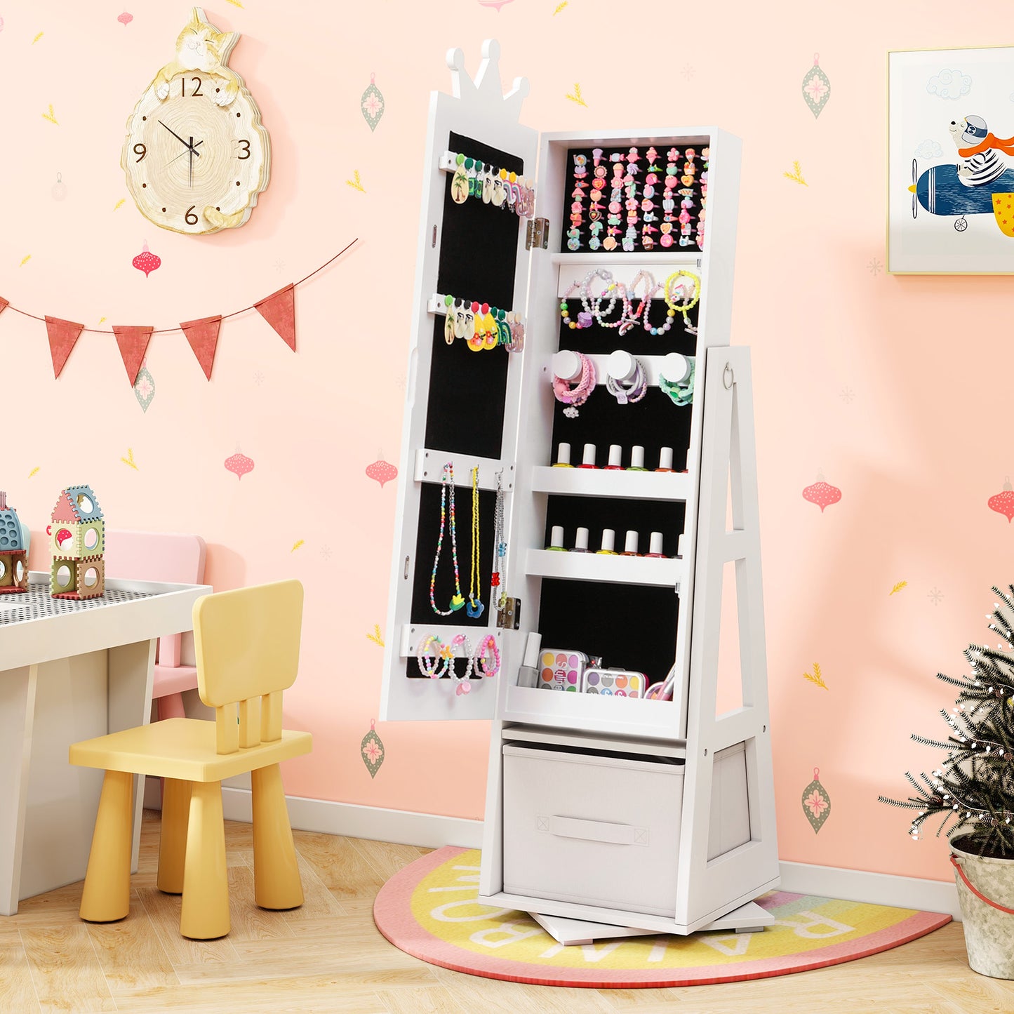 Kids Jewelry Armoire Cabinet Standing Full Length Mirror 3 in 1 Swivel Base 18 Earring 64 Ring 13 Hooks ASTM