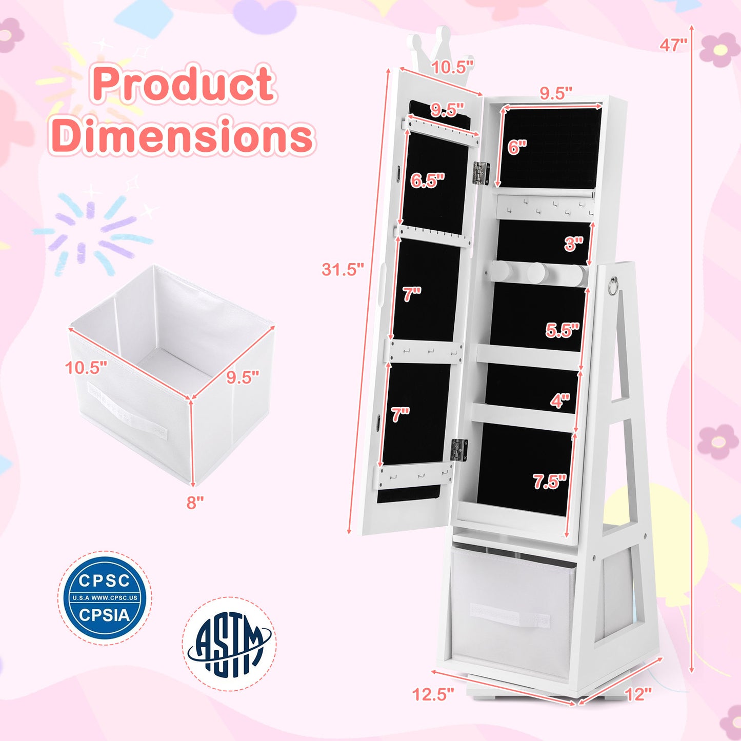 Kids Jewelry Armoire Cabinet Standing Full Length Mirror 3 in 1 Swivel Base 18 Earring 64 Ring 13 Hooks ASTM