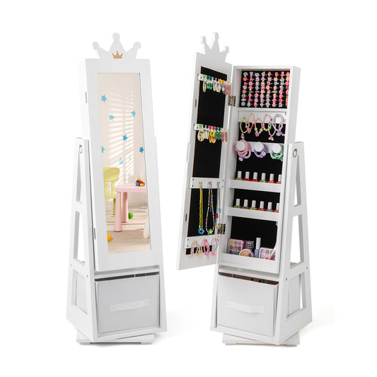 Kids Jewelry Armoire Cabinet Standing Full Length Mirror 3 in 1 Swivel Base 18 Earring 64 Ring 13 Hooks ASTM