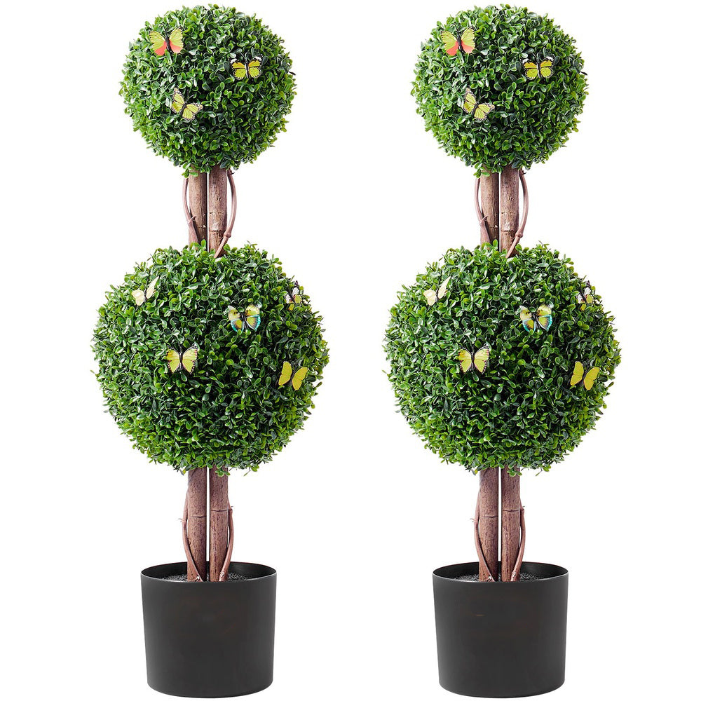 Artificial Boxwood Double Ball Topiary 36 in Tall 2-Pack UV Rated Faux Tree with Pot Indoor Outdoor