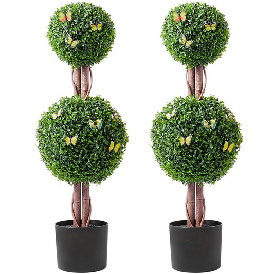 Artificial Boxwood Double Ball Topiary 36 in Tall 2-Pack UV Rated Faux Tree with Pot Indoor Outdoor