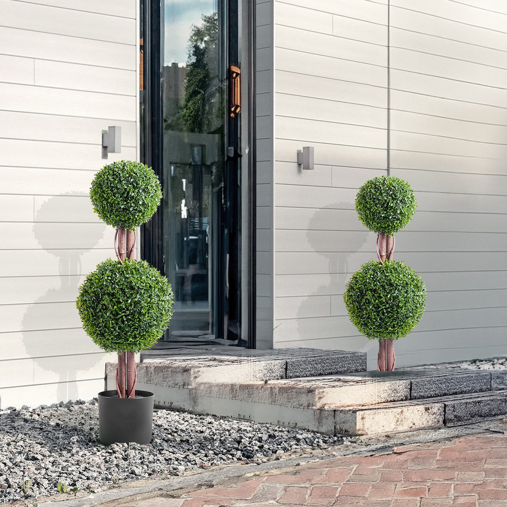 Artificial Boxwood Double Ball Topiary 36 in Tall 2-Pack UV Rated Faux Tree with Pot Indoor Outdoor