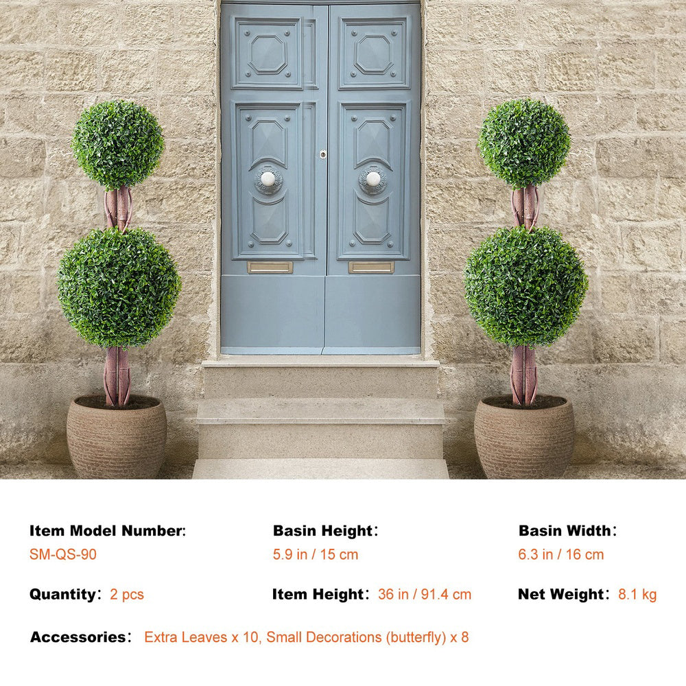 Artificial Boxwood Double Ball Topiary 36 in Tall 2-Pack UV Rated Faux Tree with Pot Indoor Outdoor