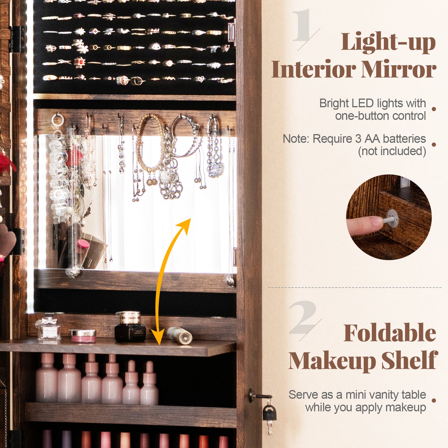 Multipurpose Storage Jewelry Cabinet 4 Drawers 47 in. Mirror 108 Earring 36 Hook Auto LED Lockable MDF