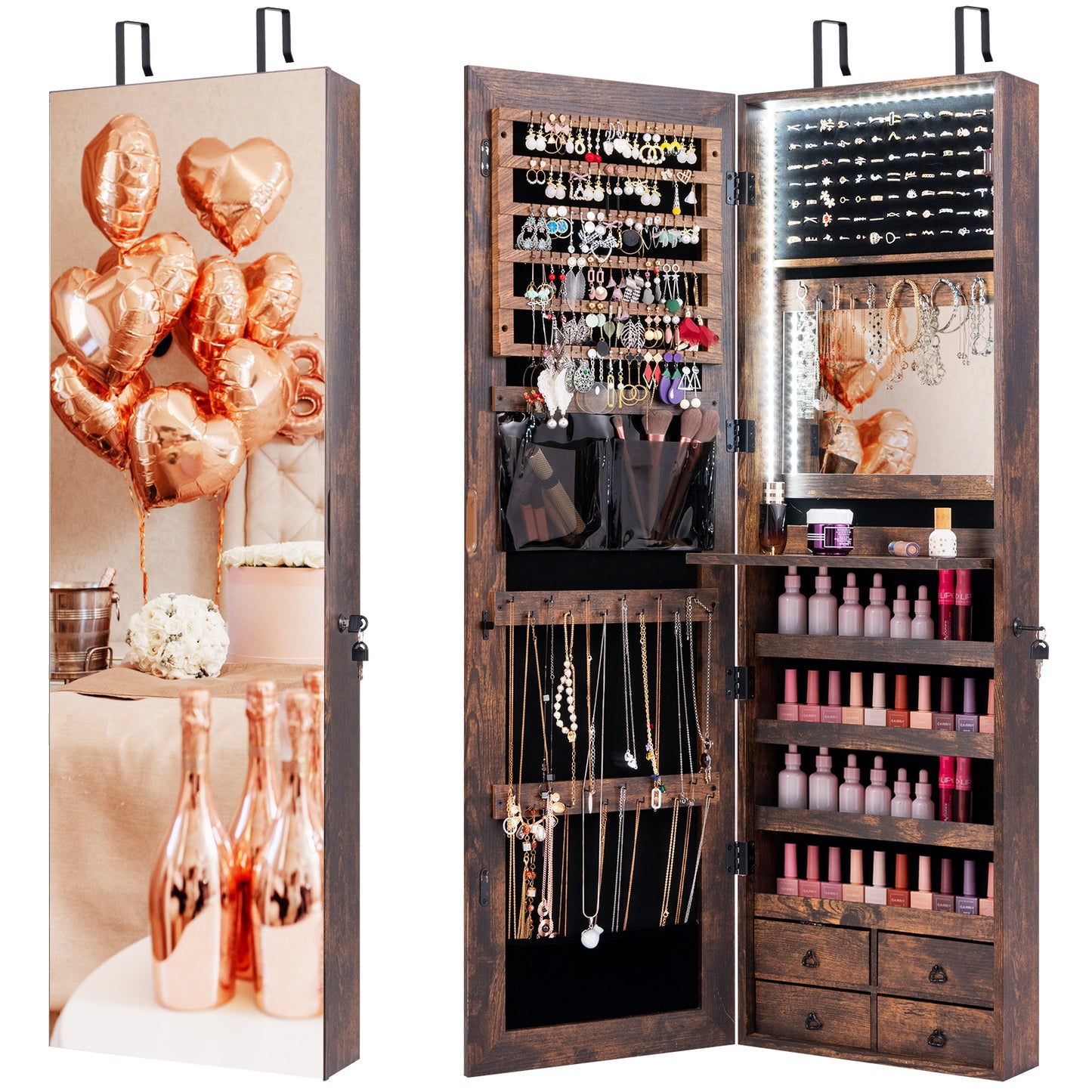 Multipurpose Storage Jewelry Cabinet 4 Drawers 47 in. Mirror 108 Earring 36 Hook Auto LED Lockable MDF