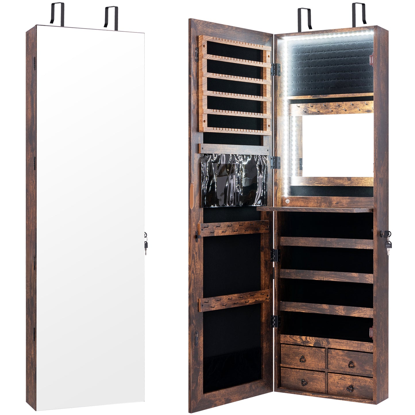 Multipurpose Storage Jewelry Cabinet 4 Drawers 47 in. Mirror 108 Earring 36 Hook Auto LED Lockable MDF