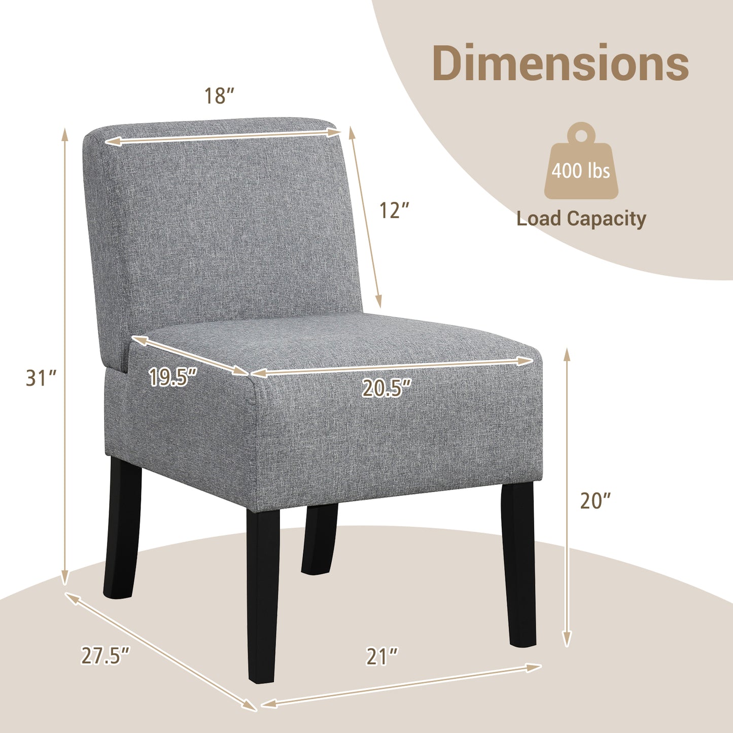 Upholstered Living Room Accent Chair Spring Seat Solid Rubber Wood Legs 400 lb. Polyester Fabric Armless