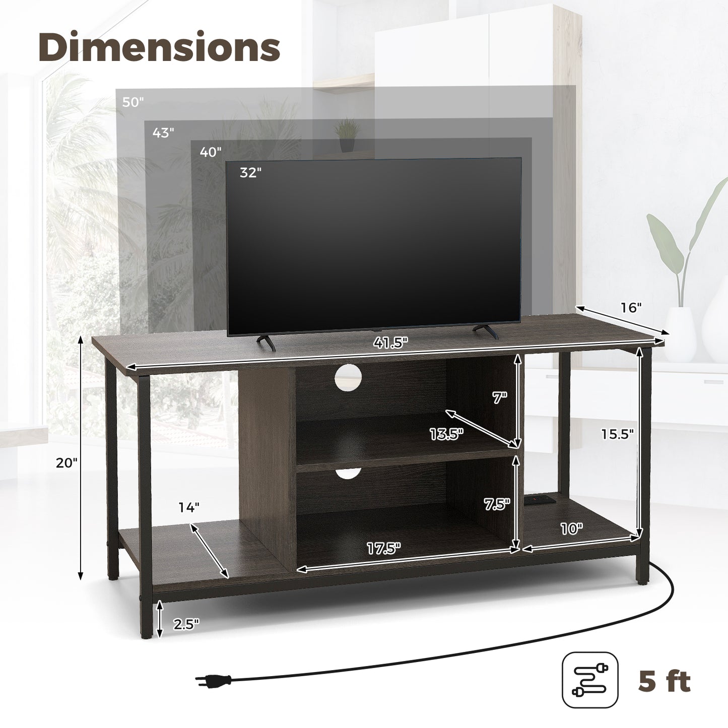 3 Tier 41.5 in. TV Stand for 50 in. TV with 2 AC + USB + Type-C Charging Adjustable Shelf Cable Holes Metal