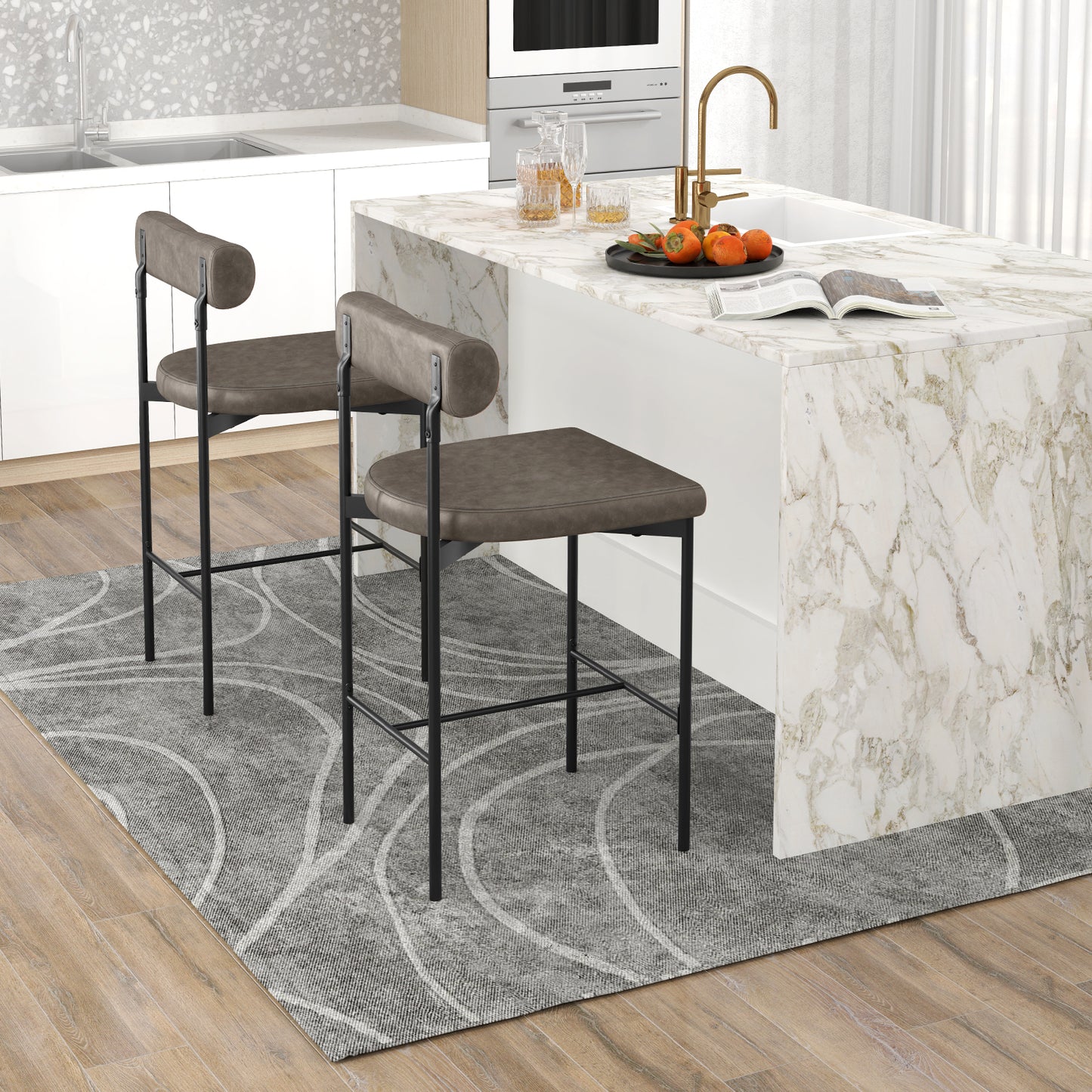 Set of 2 26 in. Counter Height Bar Stools PVC Leather Padded H Shaped Metal Frame 400 lb. Rubber Wood Plywood