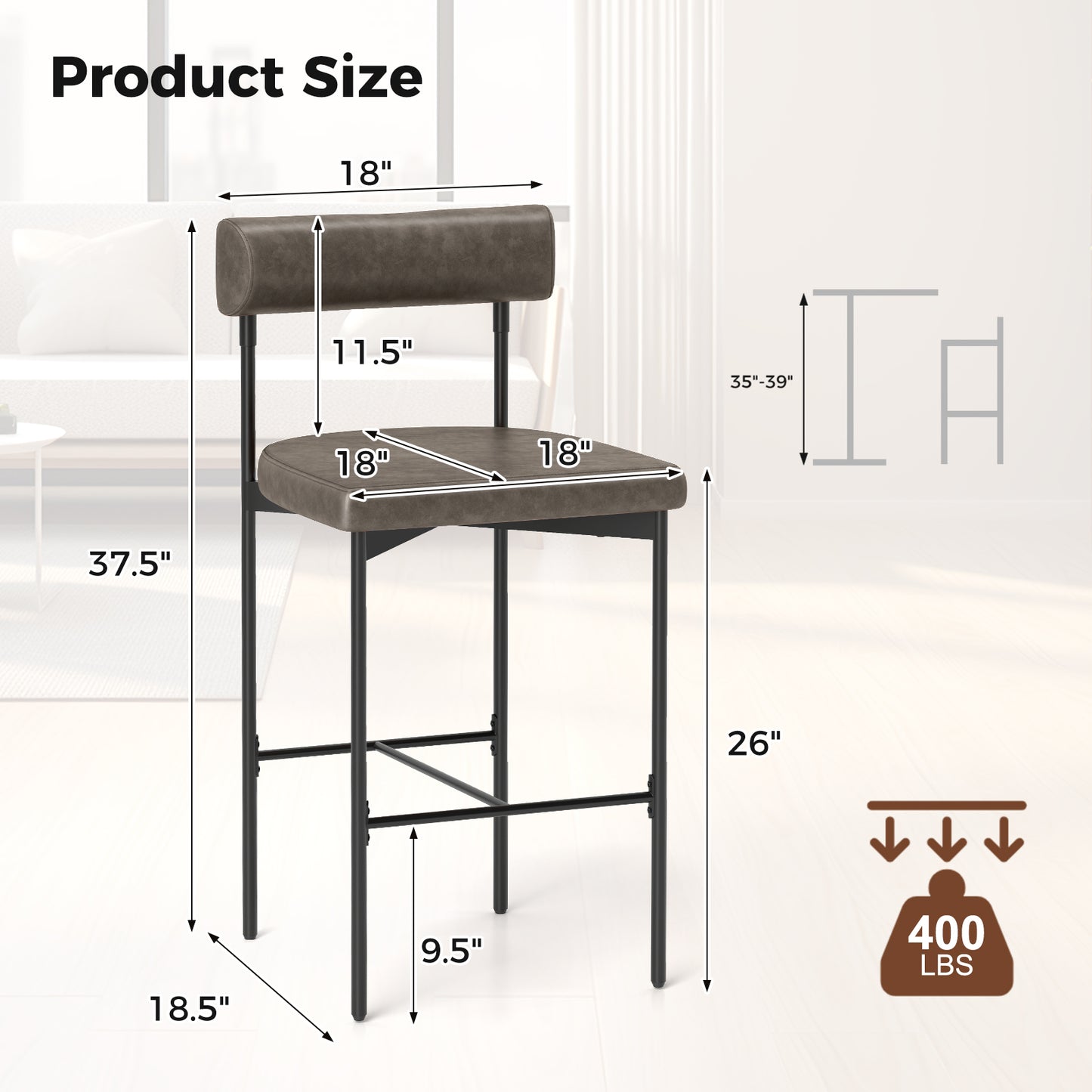 Set of 2 26 in. Counter Height Bar Stools PVC Leather Padded H Shaped Metal Frame 400 lb. Rubber Wood Plywood