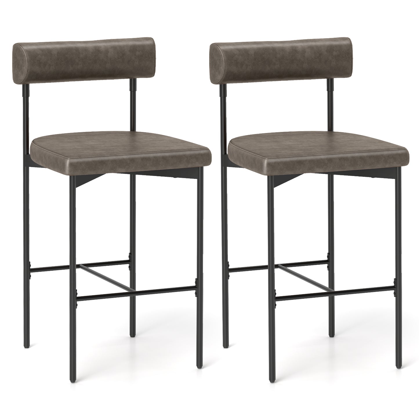 Set of 2 26 in. Counter Height Bar Stools PVC Leather Padded H Shaped Metal Frame 400 lb. Rubber Wood Plywood