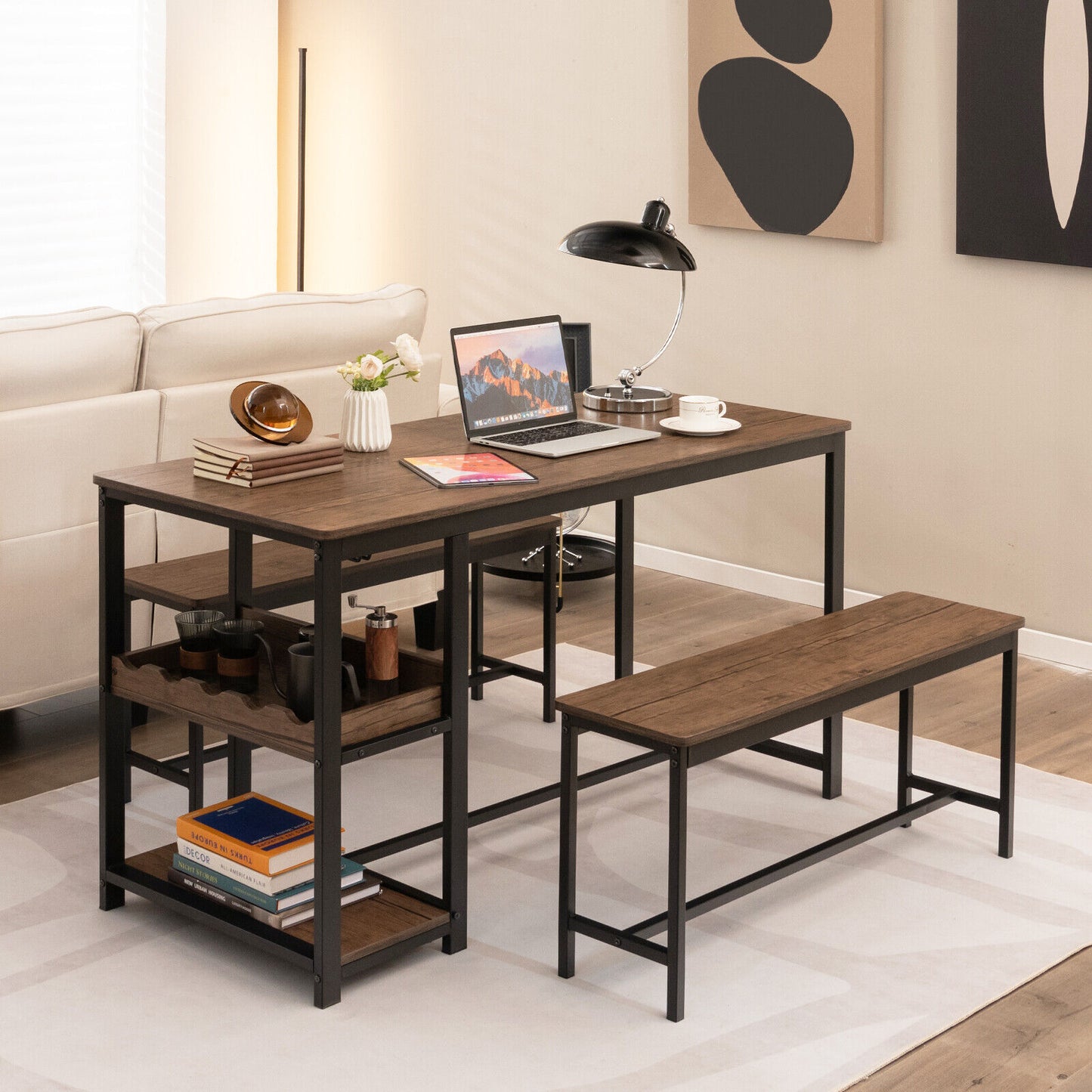3-Piece Dining Table Set with Wine Rack for Kitchen, Breakfast Area, Brown Finish