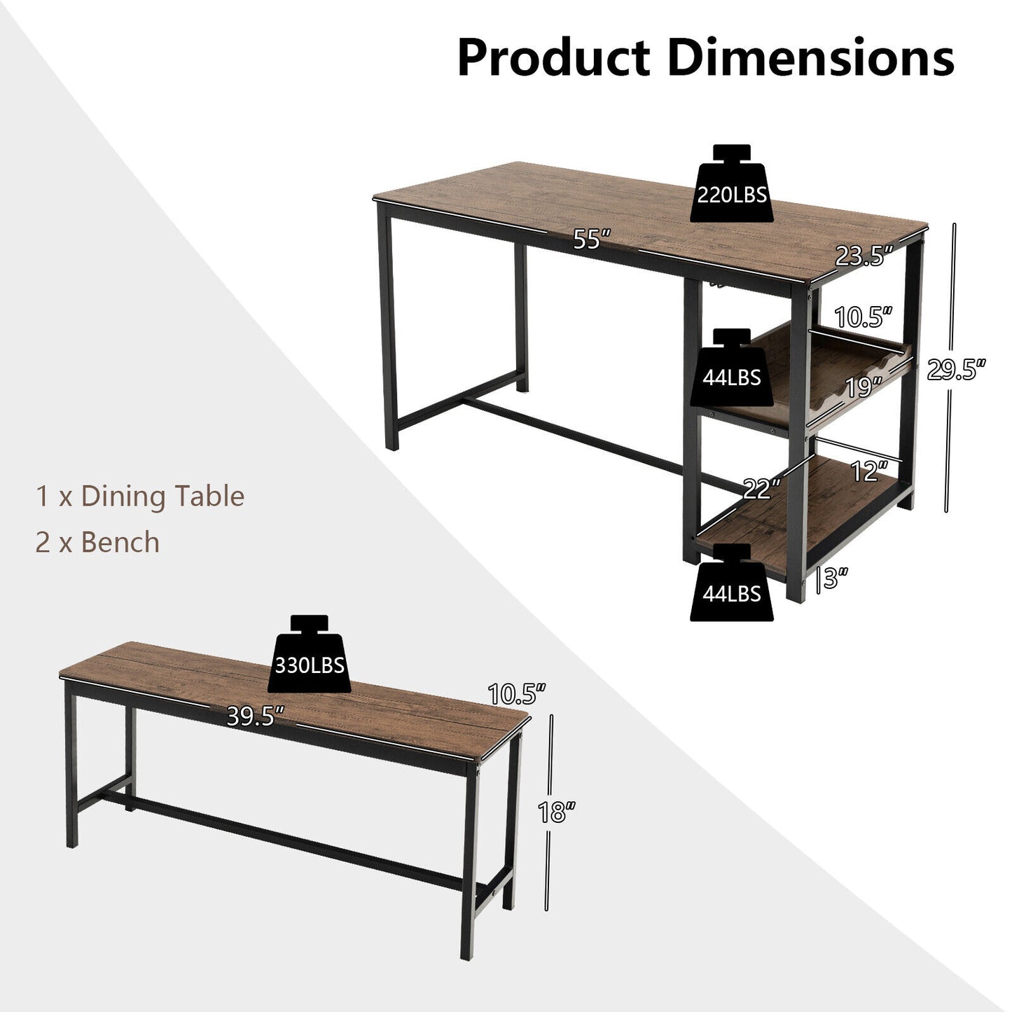 3-Piece Dining Table Set with Wine Rack for Kitchen, Breakfast Area, Brown Finish