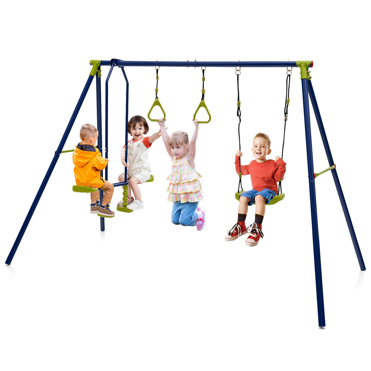 3-in-1 Outdoor Kids Swing Set 440 lb. Capacity A-Frame Glider 2 Gym Rings Adjustable 34.5-50.5 in. ASTM CPSIA 4 Stakes