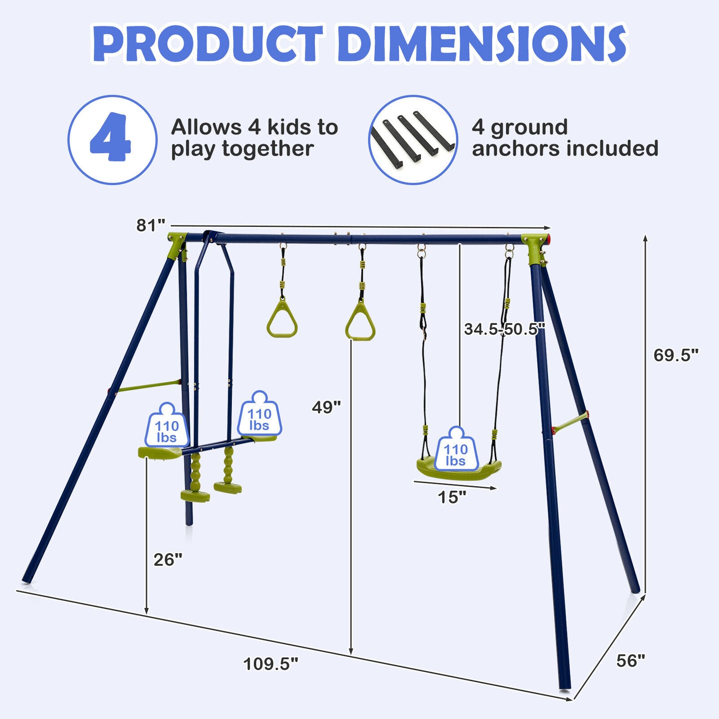 3-in-1 Outdoor Kids Swing Set 440 lb. Capacity A-Frame Glider 2 Gym Rings Adjustable 34.5-50.5 in. ASTM CPSIA 4 Stakes