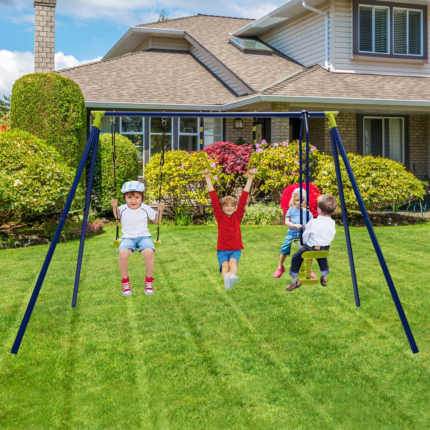 3-in-1 Outdoor Kids Swing Set 440 lb. Capacity A-Frame Glider 2 Gym Rings Adjustable 34.5-50.5 in. ASTM CPSIA 4 Stakes