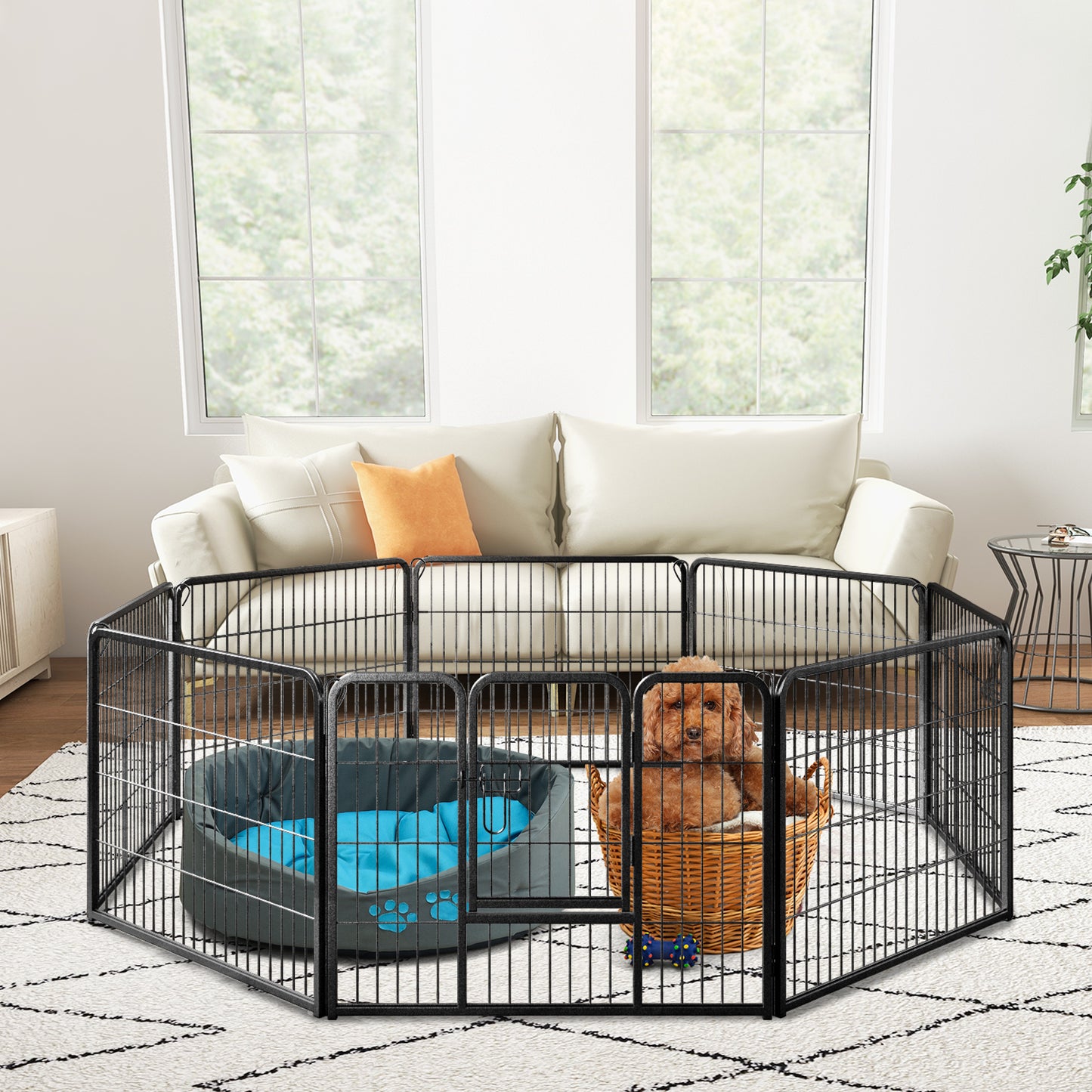 8 Panel 24 / 32 / 40 in. Height Pet Fence Indoor Outdoor Metal Frame + 360¡ã Rotation + Ground Stakes Stackable