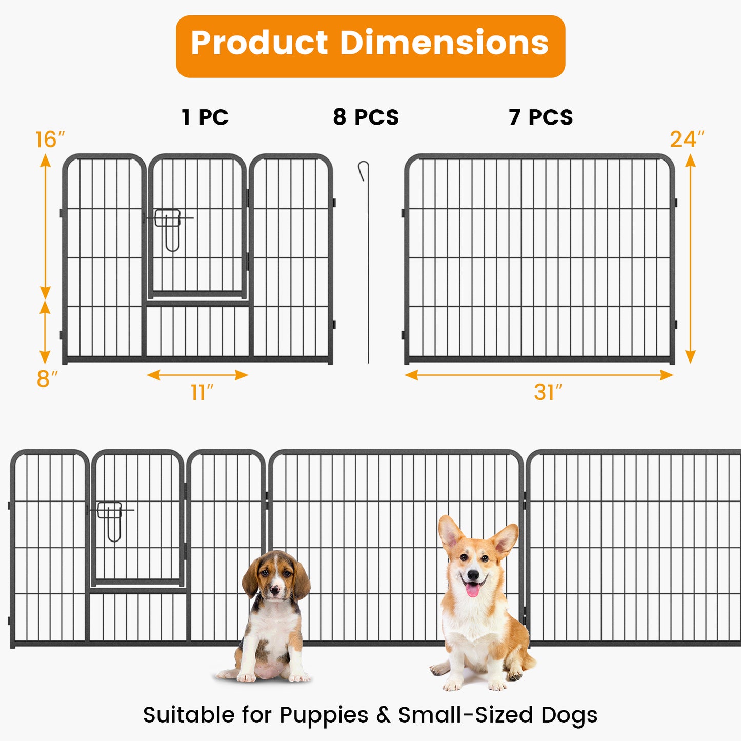 8 Panel 24 / 32 / 40 in. Height Pet Fence Indoor Outdoor Metal Frame + 360¡ã Rotation + Ground Stakes Stackable