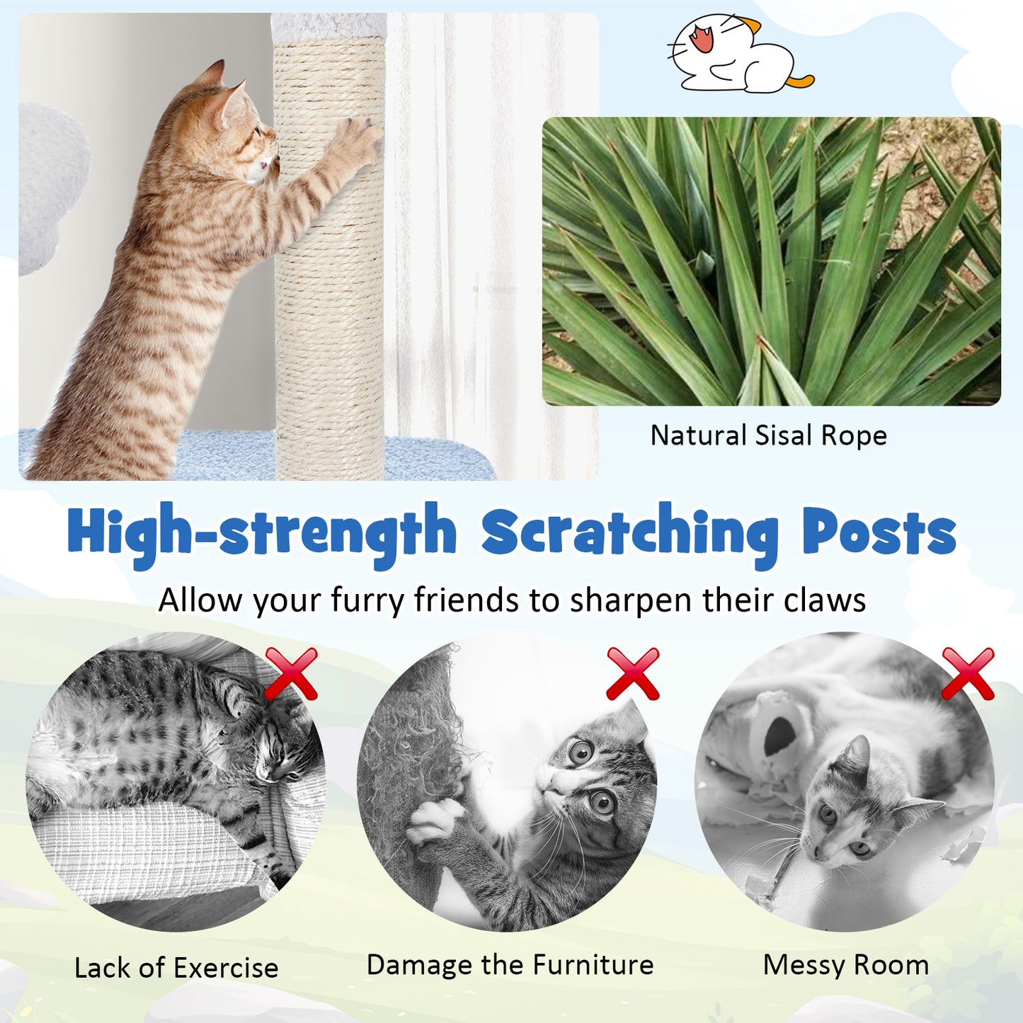 Multi-Level Cat Tower with Ocean-Themed Decor, Sisal Scratching Posts and Basket Bed