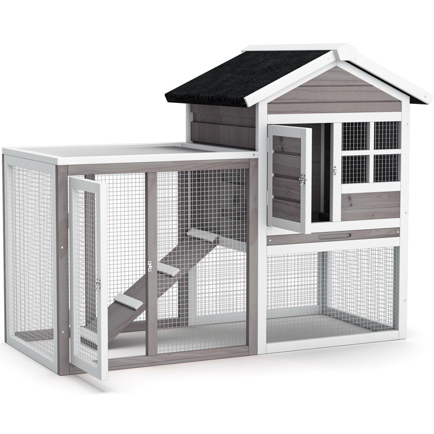 2-Story Rabbit Hutch Wood + Pull Out Tray Hygiene + All-Round Wire Fence + Gift-Ready Small Pet Backyard Porch Garden