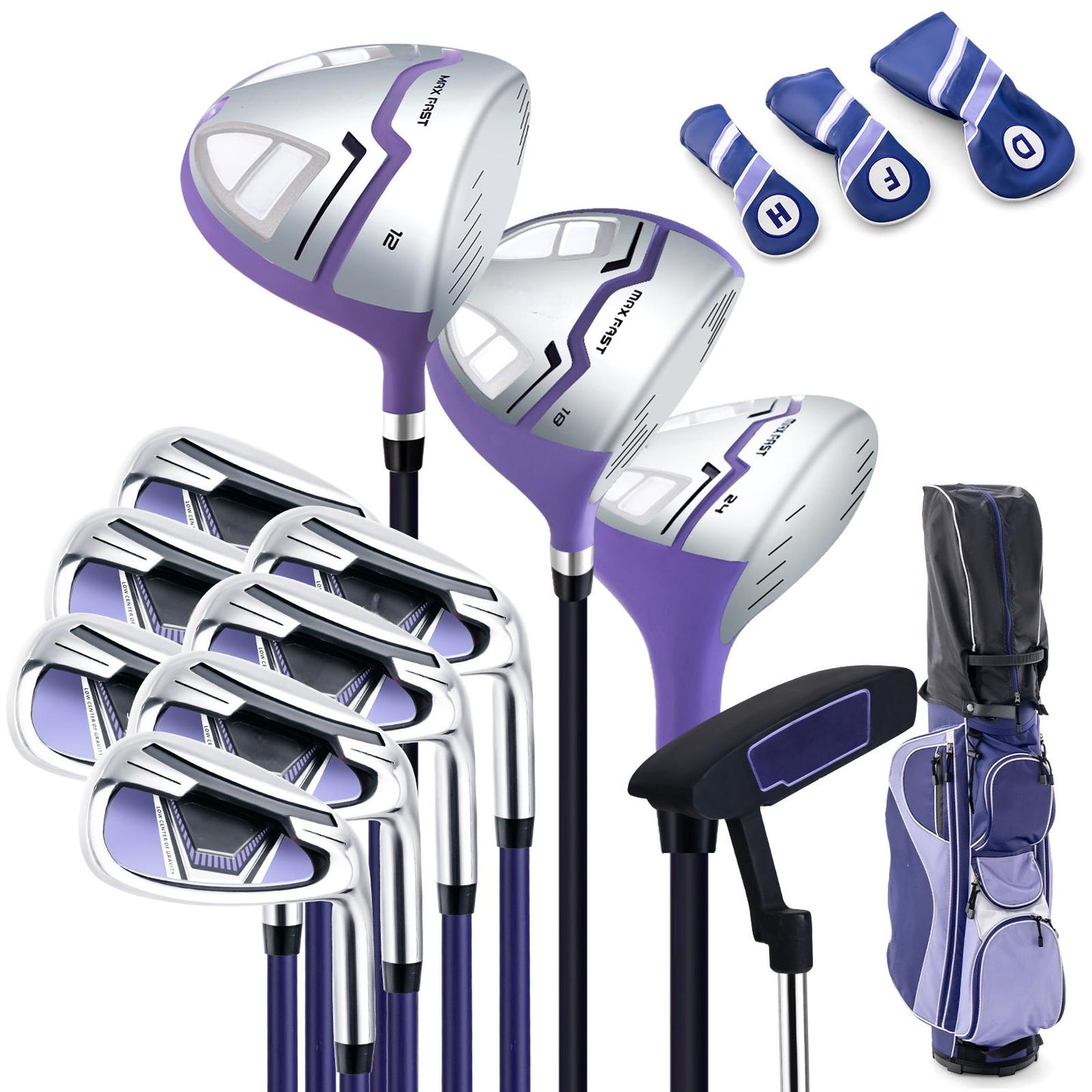 Womenfts Right-Hand Golf Set Driver Fairway Hybrid 5-9 P S Irons Putter 14-Way Bag 7 Zip Pockets Cooler Rain Hood Auto