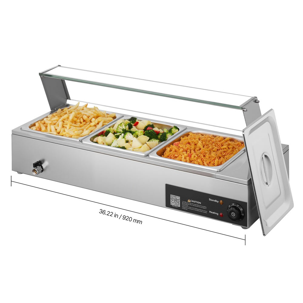 1500W 3-Pan Commercial Stainless Steel Steam Table with Glass Cover for Buffet Service