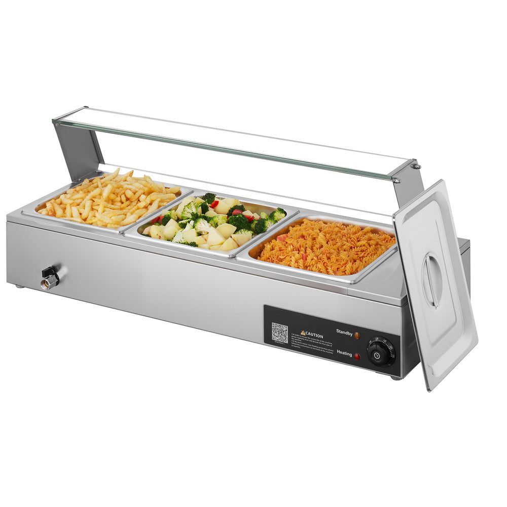 1500W 3-Pan Commercial Stainless Steel Steam Table with Glass Cover for Buffet Service