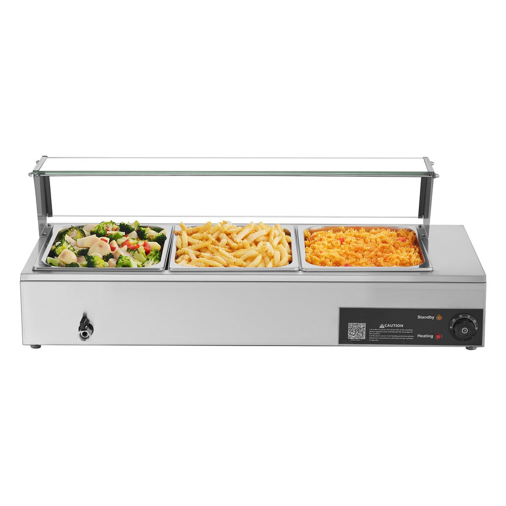1500W 3-Pan Commercial Stainless Steel Steam Table with Glass Cover for Buffet Service