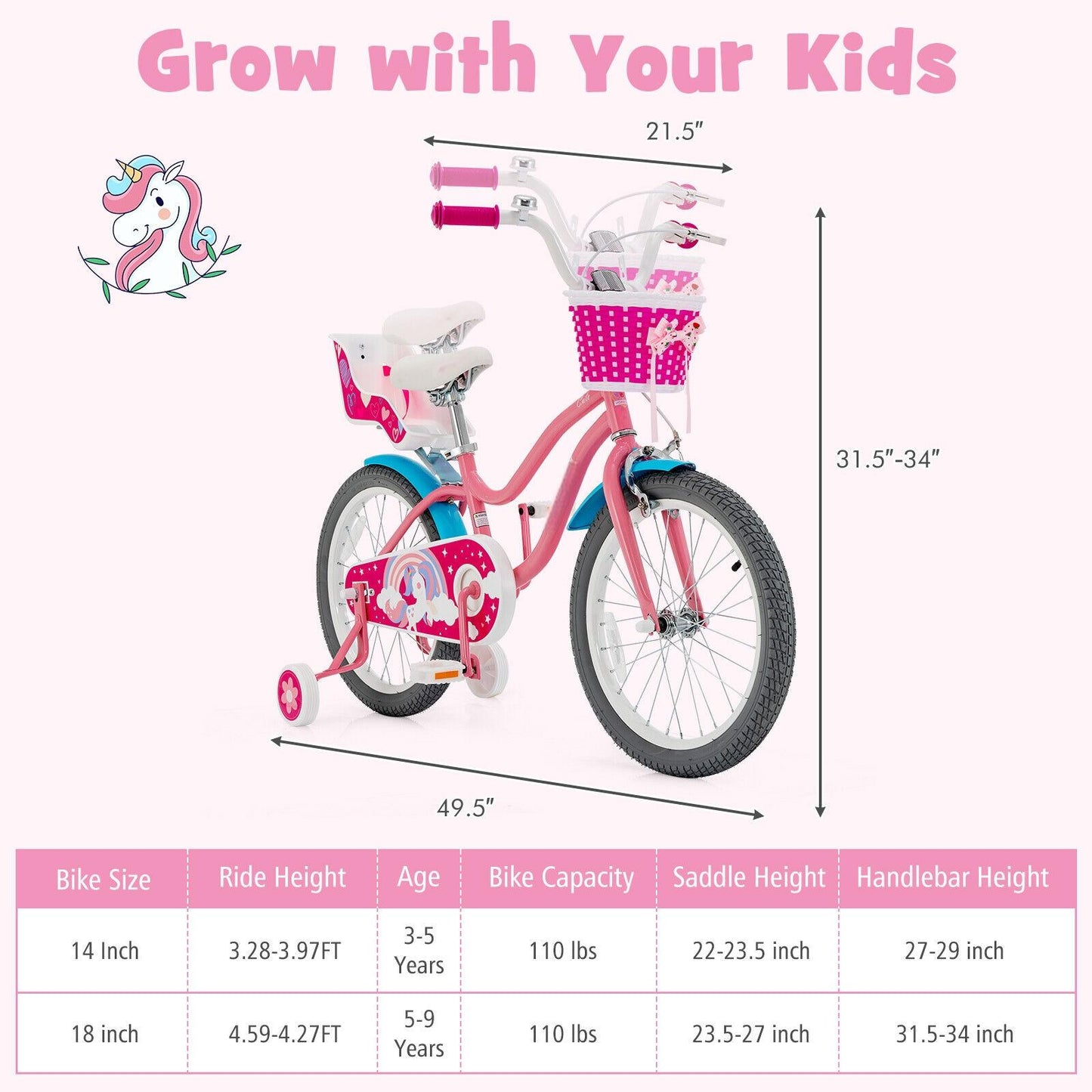 Kids Bicycle with Training Wheels and Basket for Boys and Girls Age 3-9 Years-18 inches