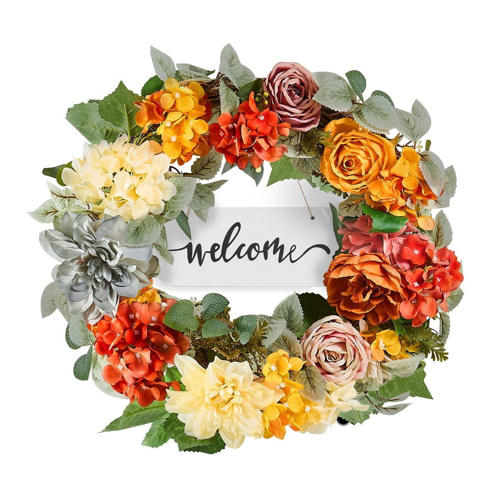 Artificial Decorative Wreath 24 in Red Orange Yellow Hydrangea Rose Year Round Front Door Decor