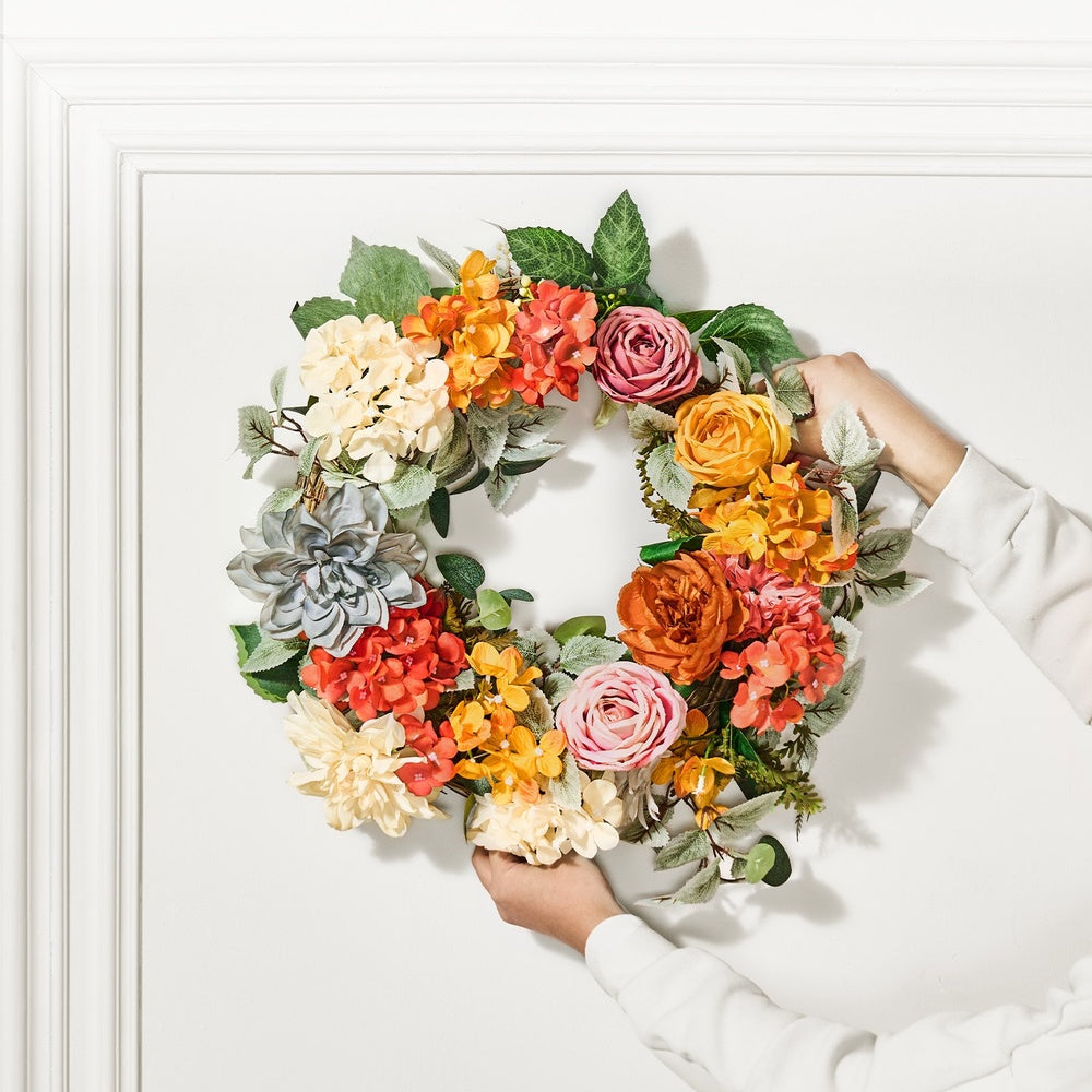 Artificial Decorative Wreath 24 in Red Orange Yellow Hydrangea Rose Year Round Front Door Decor
