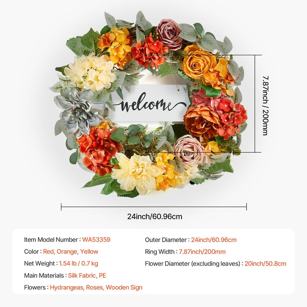 Artificial Decorative Wreath 24 in Red Orange Yellow Hydrangea Rose Year Round Front Door Decor