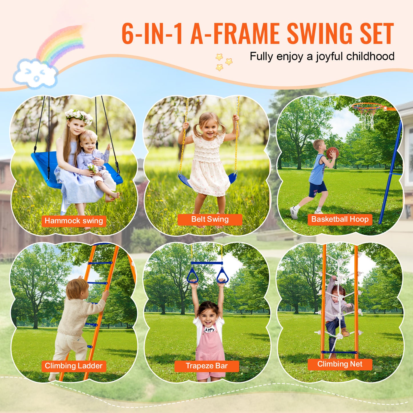 6-in-1 Backyard Swing Set with 2 Swings, Trapeze, Climbing Ladder, Net, Basketball Hoop, 440 lb. Metal A-Frame