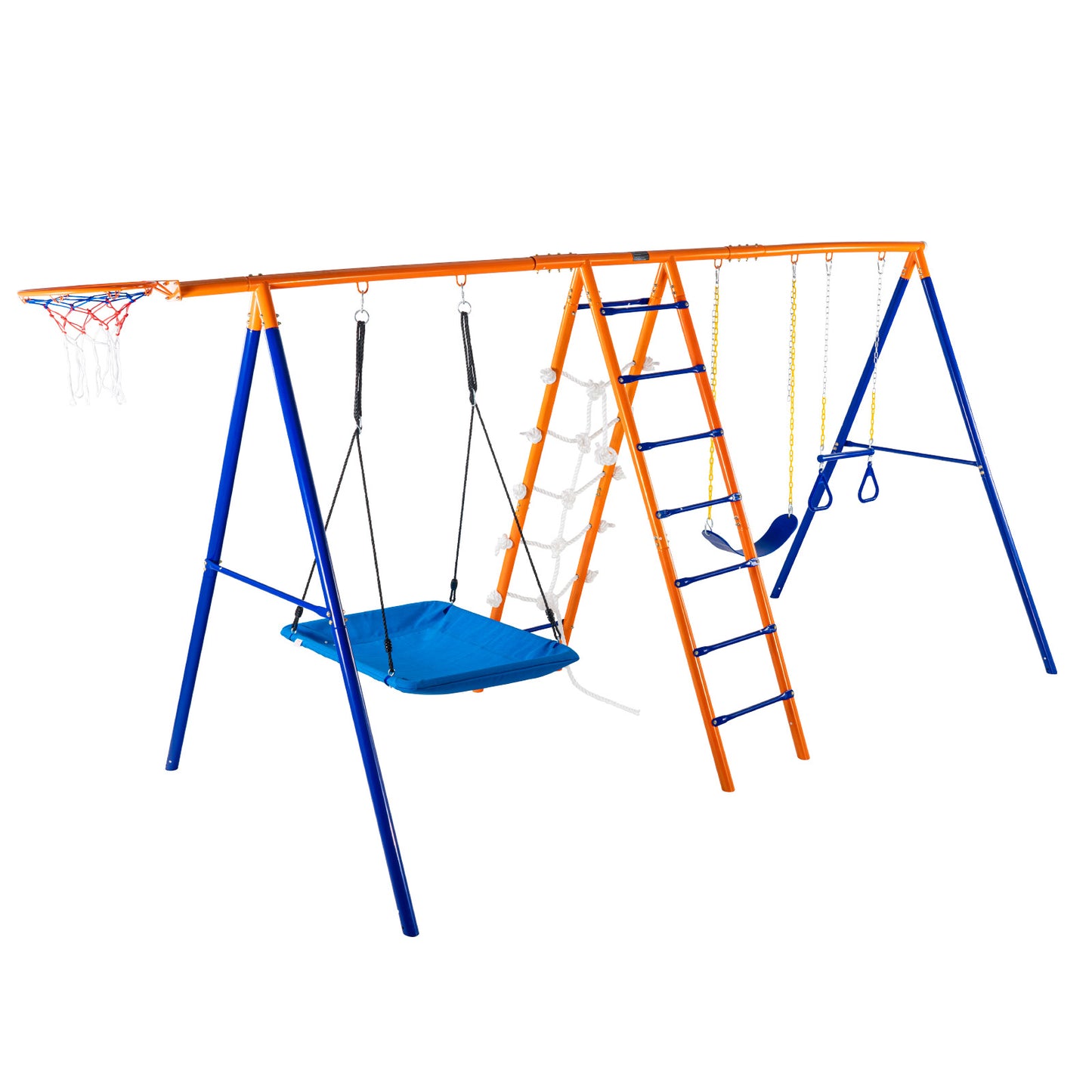 6-in-1 Backyard Swing Set with 2 Swings, Trapeze, Climbing Ladder, Net, Basketball Hoop, 440 lb. Metal A-Frame