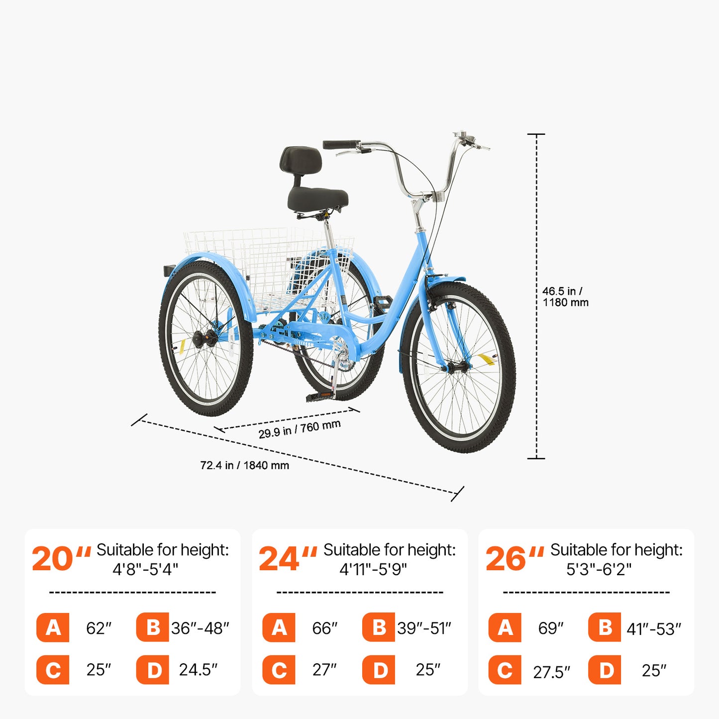 24 in. Adult Tricycle 3-Wheel Carbon Steel Cruiser Bike Single Speed with 265 lb. Rear Basket Adjustable Seat Blue
