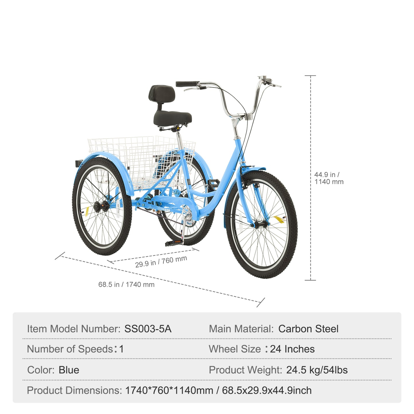 24 in. Adult Tricycle 3-Wheel Carbon Steel Cruiser Bike Single Speed with 265 lb. Rear Basket Adjustable Seat Blue