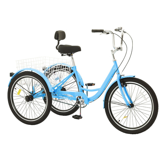 24 in. Adult Tricycle 3-Wheel Carbon Steel Cruiser Bike Single Speed with 265 lb. Rear Basket Adjustable Seat Blue