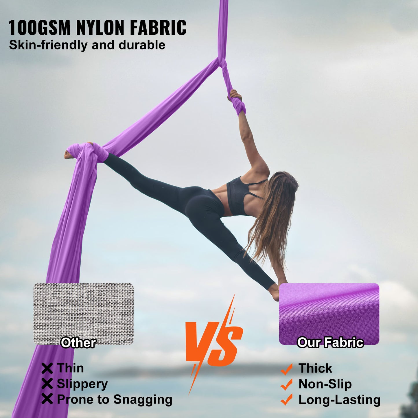 Aerial Silk and Yoga Swing 8.7 Yards, 2204 lb. Antigravity Yoga Hammock Kit with 100 gsm Nylon, Purple