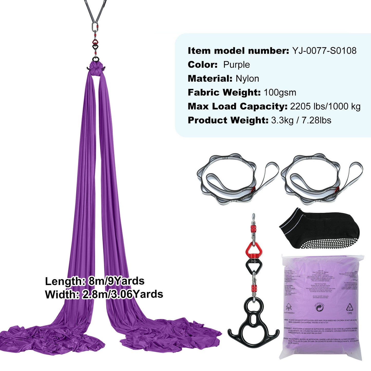 Aerial Silk and Yoga Swing 8.7 Yards, 2204 lb. Antigravity Yoga Hammock Kit with 100 gsm Nylon, Purple