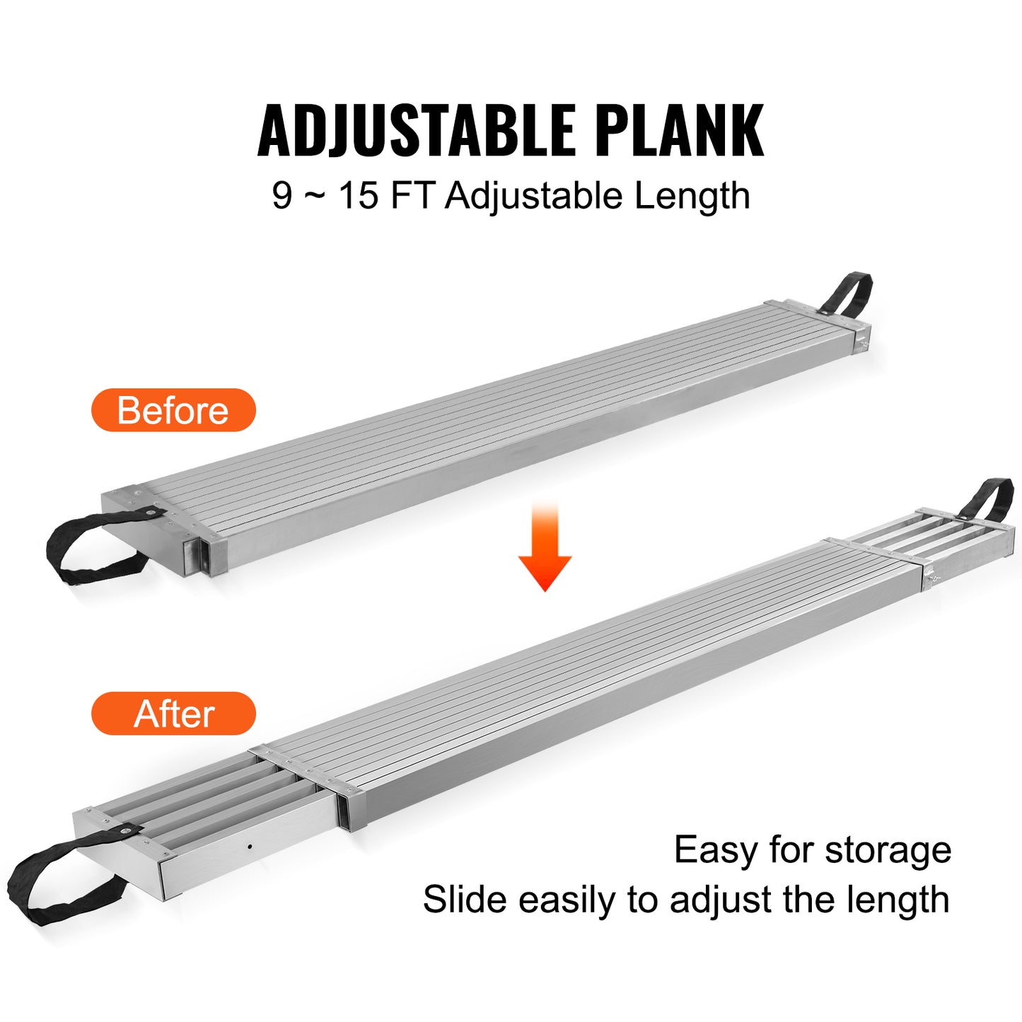 Telescoping Aluminum Work Plank, 9-15 Feet 500lbs Capacity, 12.5 inch Width Aluminum Scaffold Plank,Extension Staging Plank with Skid-Proof Platform Scaffold Ladder Accessory