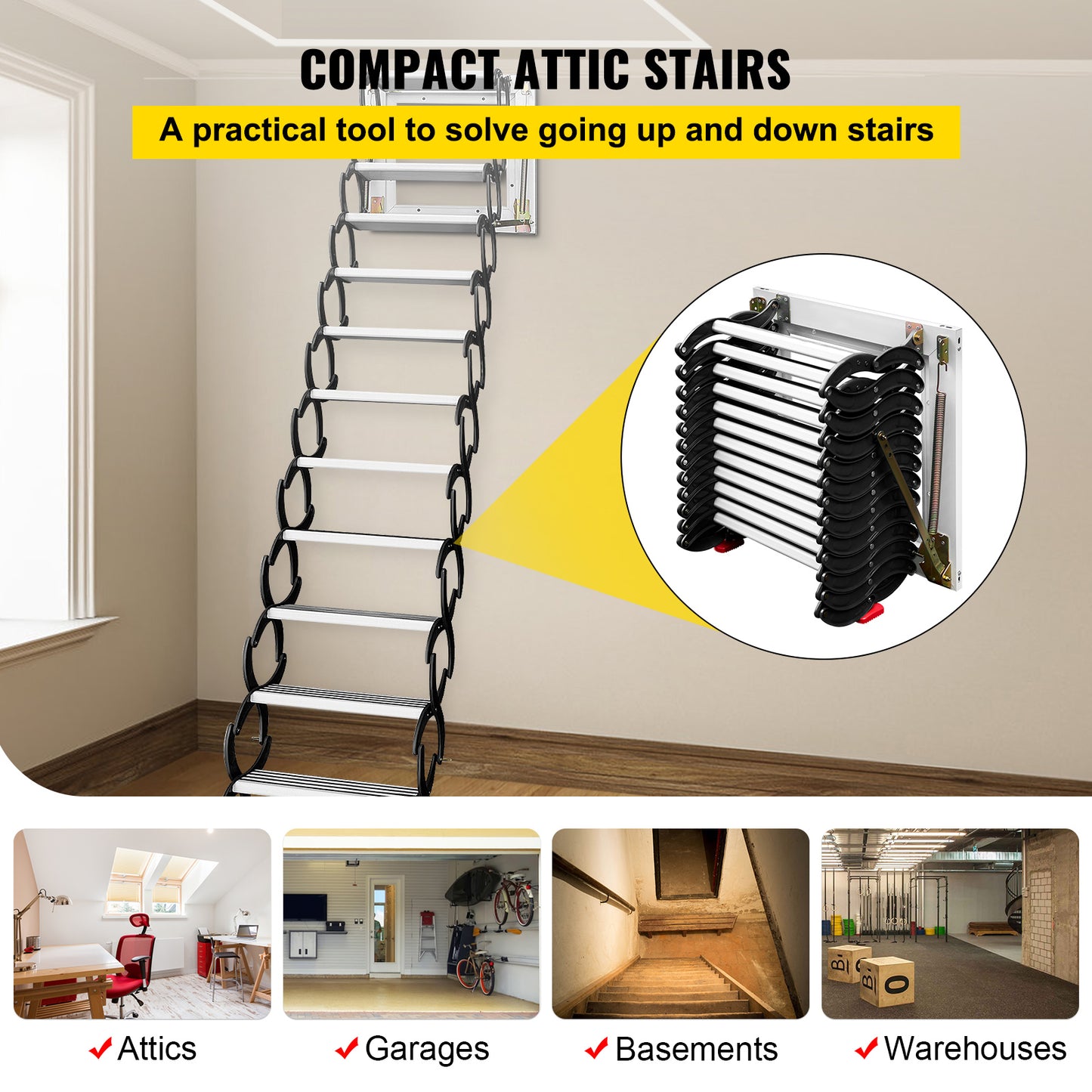 Attic Steps Pull Down 12 Steps Attic Stairs Alloy Attic Access Ladder, Black Pulldown Attic Stairs, Wall-mounted Folding Stairs for Attic, Retractable Attic Ladder with Armrests, 9.8 feet Height