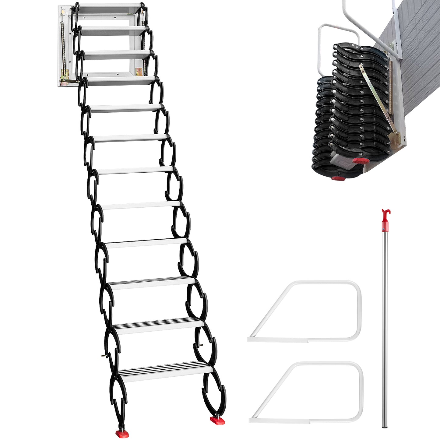 Attic Steps Pull Down 12 Steps Attic Stairs Alloy Attic Access Ladder, Black Pulldown Attic Stairs, Wall-mounted Folding Stairs for Attic, Retractable Attic Ladder with Armrests, 9.8 feet Height