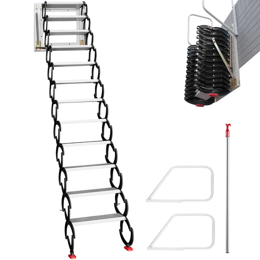 Attic Steps Pull Down 12 Steps Attic Stairs Alloy Attic Access Ladder, Black Pulldown Attic Stairs, Wall-mounted Folding Stairs for Attic, Retractable Attic Ladder with Armrests, 9.8 feet Height