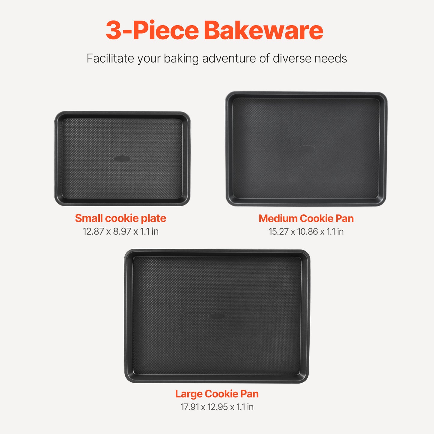 3-Piece Baking Pans Set, 0.8 mm Heavy-Gauge Nonstick Carbon Steel Bakeware, Stackable Oven Sheet Trays, Black