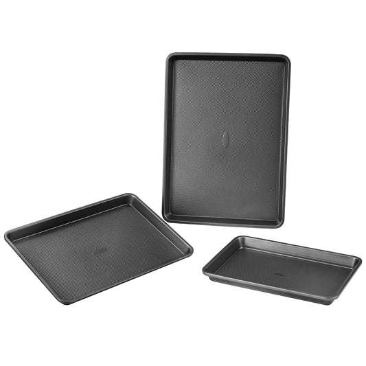 3-Piece Baking Pans Set, 0.8 mm Heavy-Gauge Nonstick Carbon Steel Bakeware, Stackable Oven Sheet Trays, Black