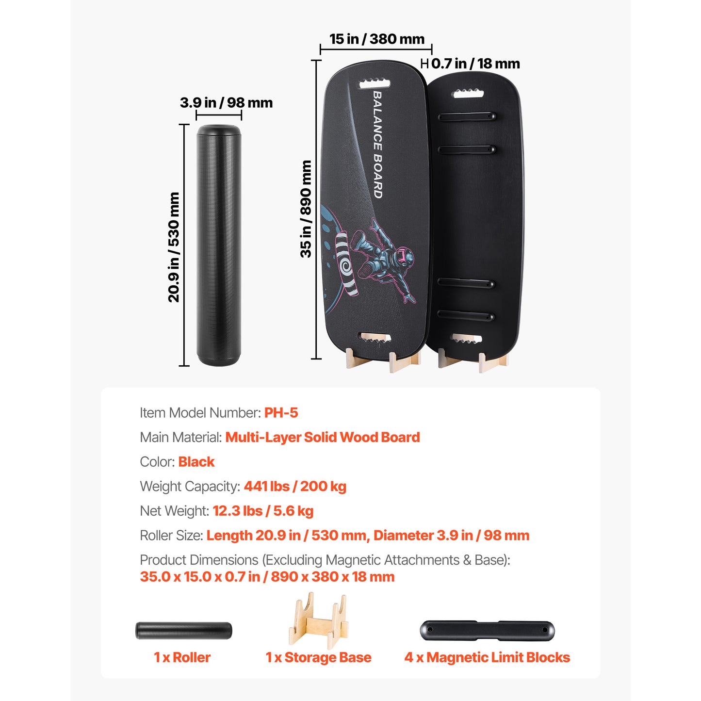 2-in-1 Balance Board with Roller, 35 x 15 in. Wobble Trainer, Magnetic Stoppers, 441 lb. Capacity