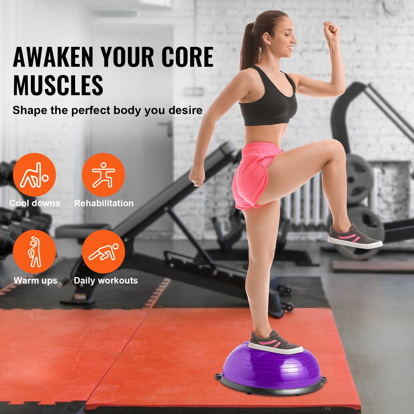 Half Exercise Ball Trainer 23 in. 660 lb. Capacity, Resistance Bands  Foot Pump, Yoga Balance Ball, Purple