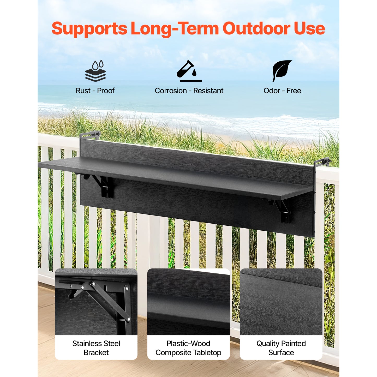 Balcony Hanging Table 12 x 32 in., Folding Railing Bar Table 50 lb. Capacity for Patio Deck