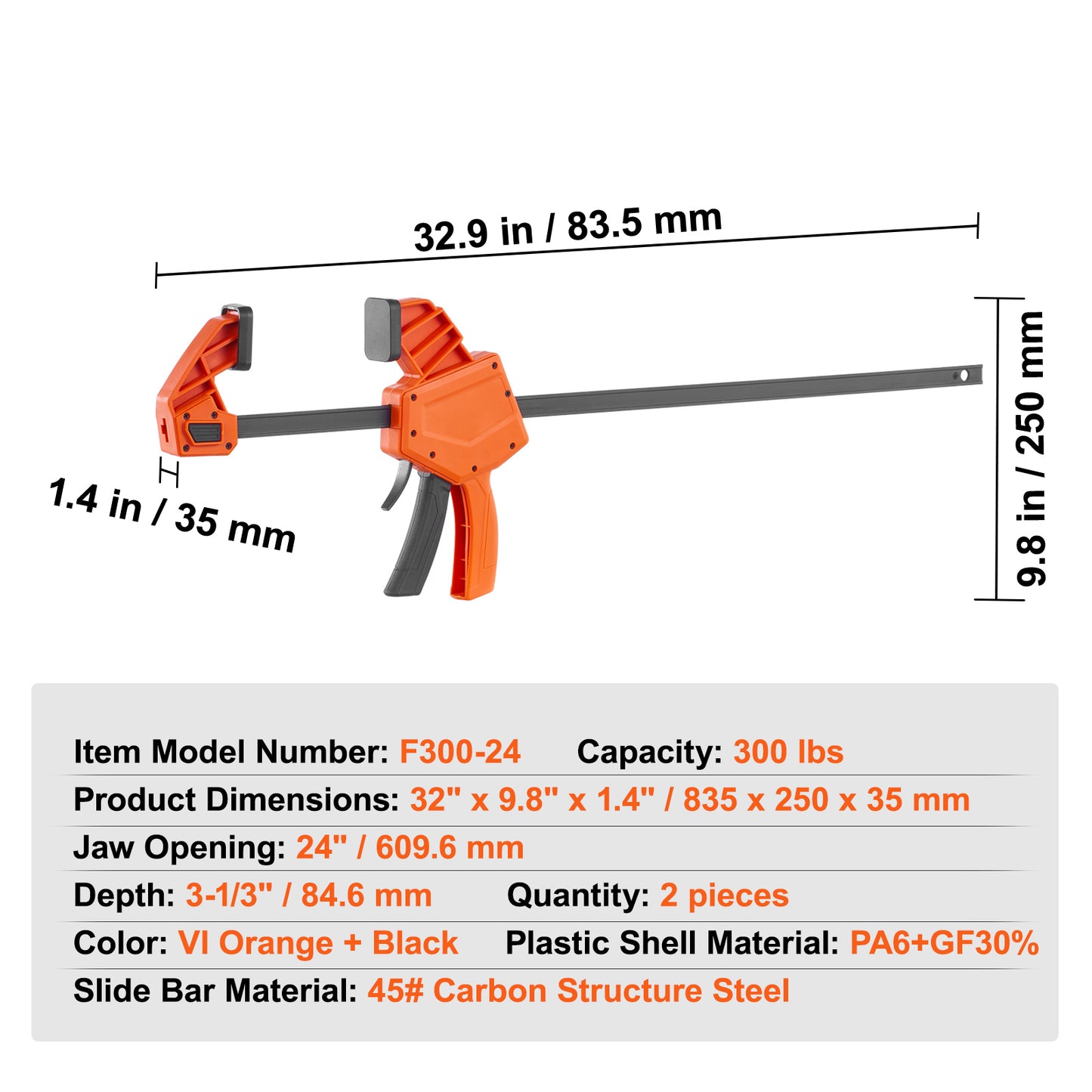 Bar Clamps for Woodworking, 2-Pack 24in One-Handed Clamp/Spreader, Quick-Change F Clamp with 300 lbs Load Limit, High-strength Plastic and Carbon Steel, Wood Clamps for Woodworking Metal Working