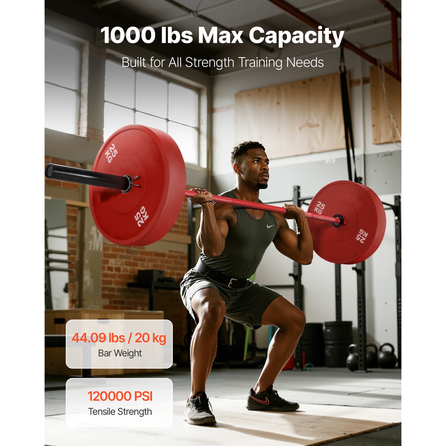 7 ft. Olympic Barbell Bar 2 in. Sleeve 1000 lb. / 453 kg. Capacity Knurled Grip for Squat Deadlift Bench Press